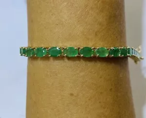 14K Solid Yellow Gold Cluster Tennis Bracelet With Natural Emerald 10.35GM6.5In - Picture 1 of 7
