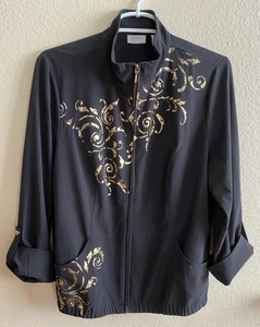 Zenergy By Chico's Black & Gold Zip Up 3/4 or Long Sleeve Top or Jacket size M - Picture 1 of 3
