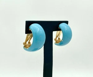 Vintage Les Bernard Inc Signed Clip On Earrings - Half Hoop Blue Enamel - Picture 1 of 7