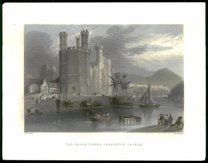 Grabado en color antiguo 1842 - Vista de GALES TORRE ÁGUILA CASTILLO CARNARVON (028) - Imagen 1 de 1