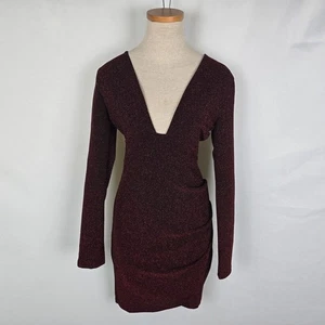 Cocktail Dress Women's M Bodycon Mini Long Sleeve V-Neck Sparkly Red & Black - Picture 1 of 14