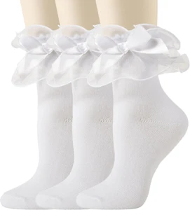3 Pairs Lace Ruffle Frilly Socks for Women,Lace Ankle Socks with Bow,Cotton - Picture 1 of 12