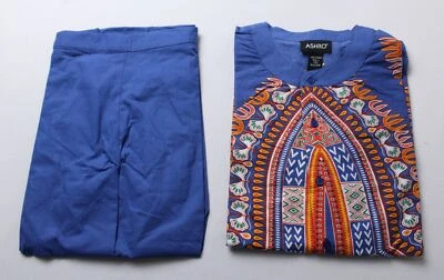 Conjunto de pantalón túnica Sabra estampado manga larga Ashro para hombre NC3 azul multi grande nuevo con etiquetas Foto 1 de 4