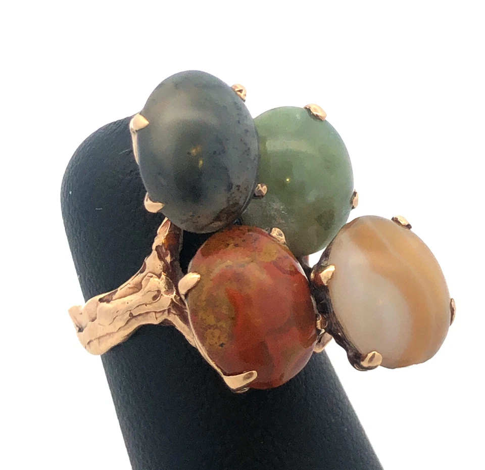 Retro Custom 14K Yellow Gold Jade Agate Jasper Protection Strength Courage Ring - Image 1 of 4