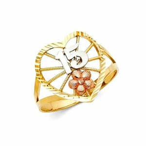 14k Tri Color Tone Flower Heart Ring 15 Años Flor Quinceañera Oro Corazon Anillo - Picture 1 of 1