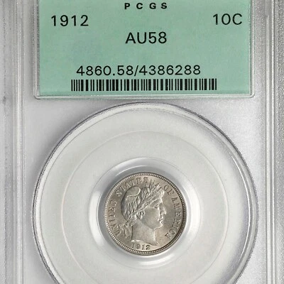 1912 10c PCGS AU 58 OGH old green holder BLAST WHITE Barber Dime - Image 1 of 4