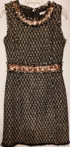 Boston Proper Black & Gold Sequin Lined Tweed Sleeveless Zip Dress Size 6 - Picture 1 of 5