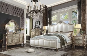 NEW Gold Wood & Pearl White Leatherette Bedroom - 5pcs Queen or King Bed Set AA1 - Picture 1 of 5