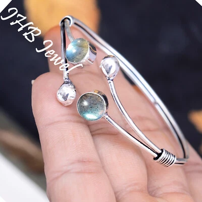 Labradorite Blue Fire Gemstone 925 Sterling Silver Bangle Cuff For Family Party - Image 1 of 4