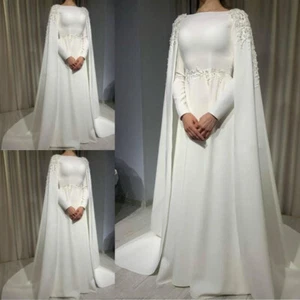 Muslim Wedding Dress with Cape Long Sleeves Beading Plus Size Satin Bridal Gowns - Picture 1 of 9