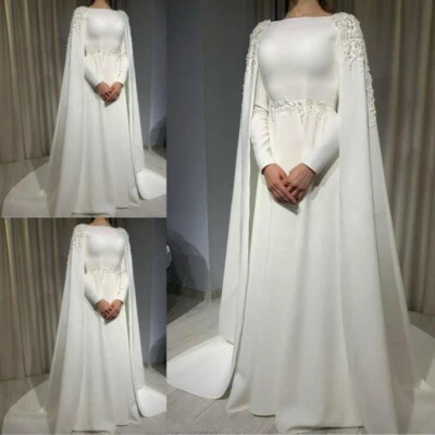 Plus Size Muslim Wedding Dress With Cape Long Sleeves Beading Satin Bridal Gowns - Image 1 of 4