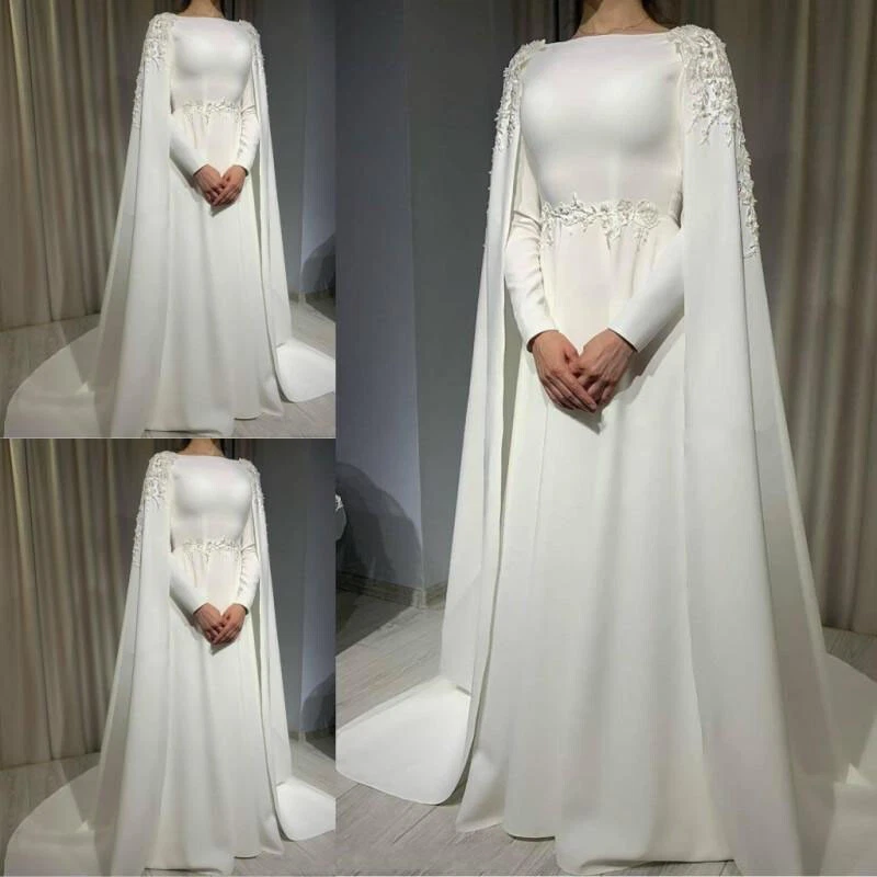 Muslim Wedding Dress with Cape Long Sleeves Beading Plus Size Satin Bridal Gowns - Image 1 of 4