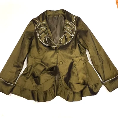 Jerry T Mujer Grande Iridiscente Verde Oliva Chaqueta Cremallera Acentos Volantes Foto 1 de 4