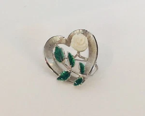 VTG BEAU STERLING HEART & FAUX IVORY HEART PIN ENAMEL LEAVES 1" VALENTINES DAY - Picture 1 of 4
