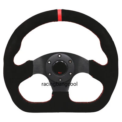 Universal 13inch Auto Racing Flat Red Suede Leather Drift Sport Steering Wheel - Image 1 of 4