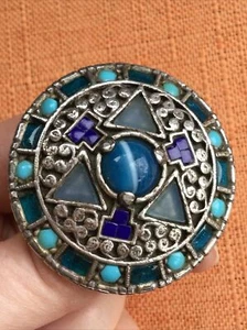 Vintage Miracle Brooch Scottish Celtic Shield Turquoise Blue Glass Agate, signed - Picture 1 of 16