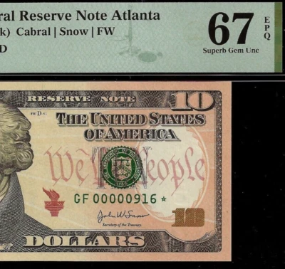 2004A $10 Federal Reserve Note Atlanta PMG 67EPQ 3rd finst low serial Fr 2039-F* - Image 1 of 3