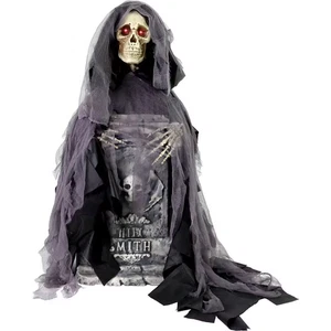 3 Ft. Rising Reaper w/ Tombstone Animatronic Halloween Prop w/ Glowing Red Eyes - Picture 1 of 12