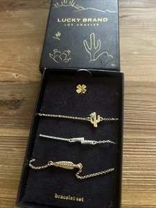 Lucky Brand Two Tone 3Pc Bracelet Set Cactus Pavé Lightning Bolt Leaf Link New - Picture 1 of 4