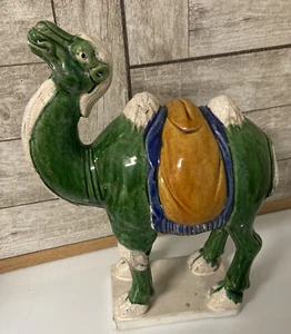 Large Antique Glazed Pottery Camel Figure Tang Style Jade Color 12"H x 9"L x 6"W - Picture 1 of 8