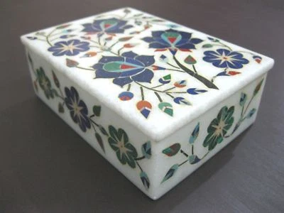 Marble trinket Box Floral semi precious stones Inlay art Work Home Decor - Image 1 of 4