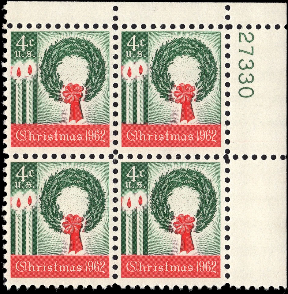 US Scott # 1205, Christmas Wreath, Candles, Plate Block of 1962 4¢ Stamps, MNH - Image 1 of 1
