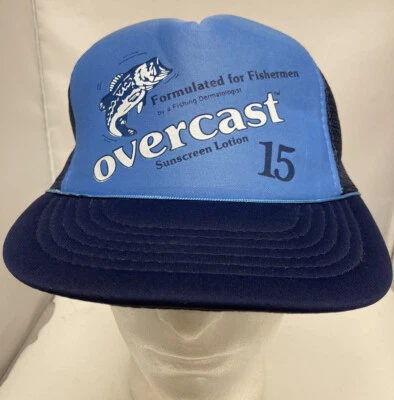 Vintage 80’s Fishing OVERCAST Sunscreen Lotion Snapback Mesh Trucker Hat / Cap - Image 1 of 4