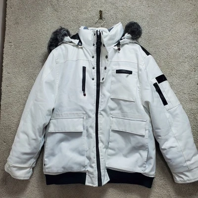 AWAKND LAND Mens White Tech Division Heavy Weight Jacket Size XL Fur Hood - Image 1 of 4