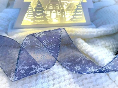 SNOWFLAKE FLURRY  Blue sheer / white glitter - Luxury Wire Edge Ribbon  NEW 2025 - Image 1 of 4
