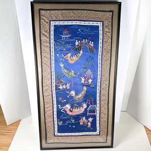 Vintage Framed Chinese Silk Embroidery Art Dragon Boats, 12" x 25" Nice - Picture 1 of 13