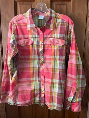 Женщин Columbia хлопок клетку блузка, XL, розовый, Grn оранжевый, рулон рукава, изящный! - Изображение 1 из 4