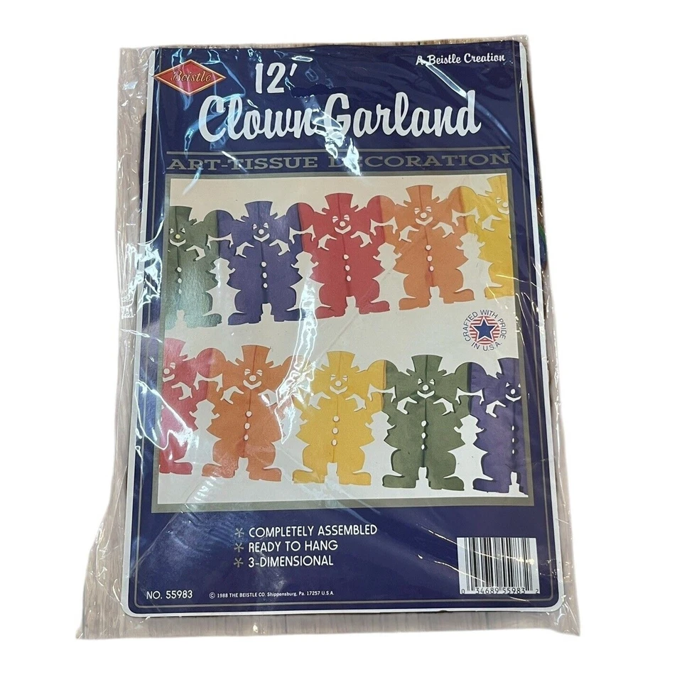 BEISTLE 12' CLOWN GARLAND 1988 RAINBOW CLOWNS 55983 In Package VTG