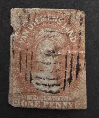Estampilla de 1 penique de VAN DIEMEN'S LAND Tasmania fallas usadas T18706 Foto 1 de 2
