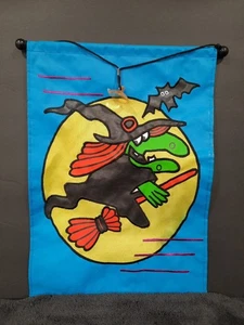 Vintage Small Halloween Witch on Broom Garden Window Flag Nylon 1994 Blue Moon - Picture 1 of 8