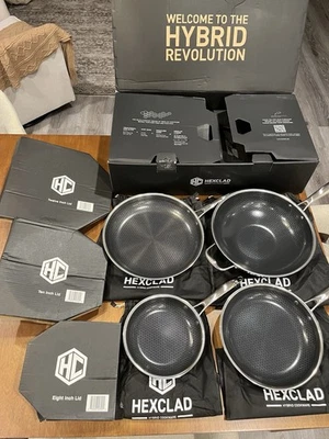 HEXCLAD Hybrid 7 Piece Nonstick Stainless Steel Frying Pan Set 8 10 12- Lids Wok - Image 1 of 4