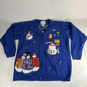 Vintage Quaker Factory Christmas Sweater Knit Cardigan Snowman Blue Medium - Picture 1 of 12