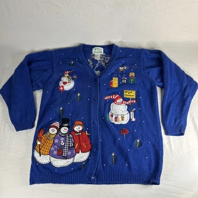 Vintage Quaker Factory Christmas Sweater Knit Cardigan Snowman Blue Medium - Image 1 of 4