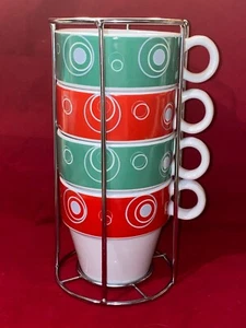 Set Of 4 Avon Expressions Stackable Coffee Mug Tea Cup 12 Oz Circles Red/Green - Picture 1 of 22