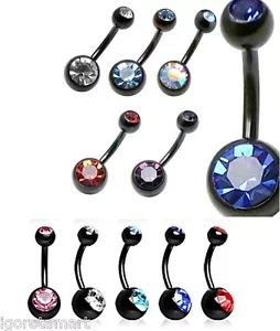 Belly Navel Pierce Banana Bar Ring G5 Titanium Hypoallergenic CZ Black Barbells - Picture 1 of 13