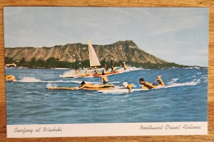 Surfing Waikiki Hawaii HI Northwest Orient Airlines Advertising Postcard 1960s - Picture 1 of 1