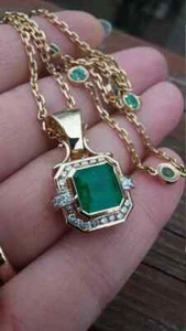 3CT Ascher Cut Green Lab Created Emerald Women's Pendant 14K Yellow Gold Plated - Picture 1 of 4