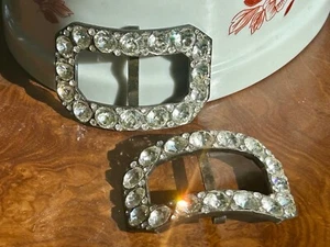 ANTIQUE French Silver Paste Buckles Clear Stones BEAUTIFUL Pair - Picture 1 of 9