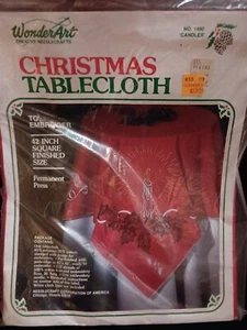 Vintage Christmas Tablecloth 42” Square Stamped Embroidery Kit 1490 Candles NOS - Picture 1 of 6