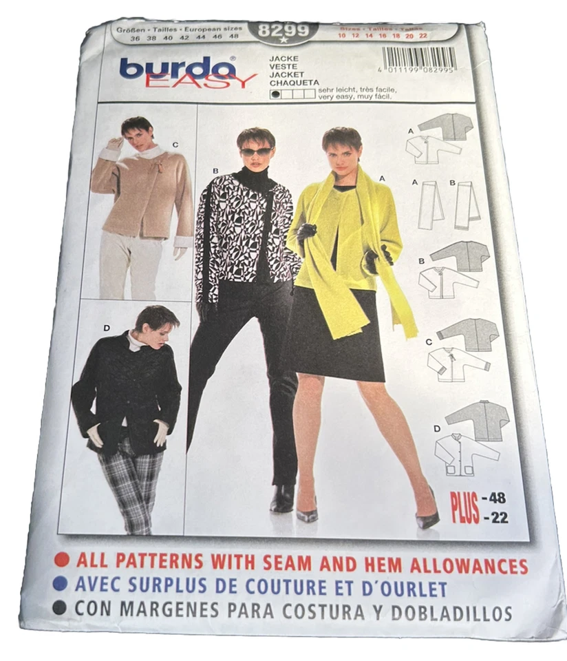 Burda 8299 sewing pattern, womens jacket and scarf, size 10-22 - Image 1 of 1