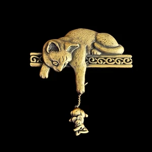 Broche Gato JJ Jonette Vintage con Ratón Colgante Antiguo Tono Dorado Gatito - Imagen 1 de 5