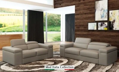 GENUINE Italian Leather 2PC Modern Gray Sofa Loveseat Contemporary Living Room - Image 1 of 4