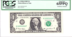2003 $1 FRN PCGS Gem New 65PPQ Fancy TRUE 0/1 BINARY Serial #B10001010F - Picture 1 of 2