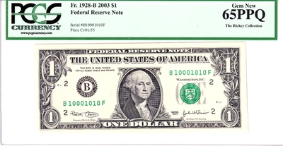 2003 $1 FRN PCGS Gem New 65PPQ Fancy TRUE 0/1 BINARY Serial #B10001010F - Image 1 of 2