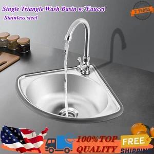 Single Triangle Wash Basin, Corner Sink Small Bar Sink Stainless Steel w/ Faucet - Picture 1 of 11