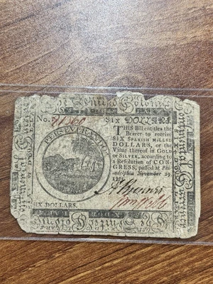 November 29, 1775 $6 Six Dollars Continental Currency Note No. 81360 (EX) - Image 1 of 2